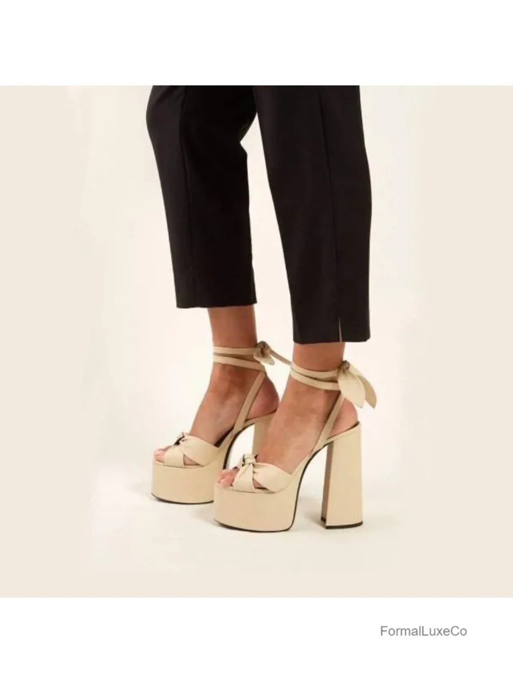 Metallic Lace Up Chunky Heel Platform Heels Slingback Ankle Strap Bow Fashion
